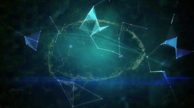 Animation of globe and connected dots over digital human brain against abstract background. Digitally generated, hologram, communication, anatomy, artificial intelligence, globalization, technology.