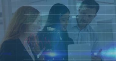 Animation of graphs, binary codes, computer language over diverse coworkers sharing ideas in office. Digital composite, multiple exposure, report, business, coding, teamwork and technology concept.