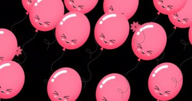 Animation of multiple pink balloons over flowers on black background. Celebration and party concept digitally generated video.