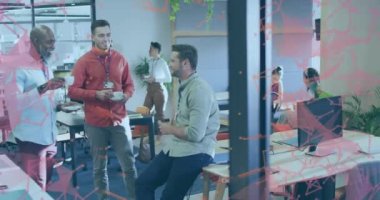 Animation of connections and data processing over diverse business people in office. Global connections, business, finance, computing and data processing concept digitally generated video.