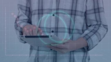 Animation of data processing over man using tablet. Global business, finance, computing and data processing concept digitally generated video.