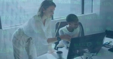 Animation of statistics and financial data processing over diverse businesswomen in office. Global business, finances, computing and data processing concept digitally generated video.