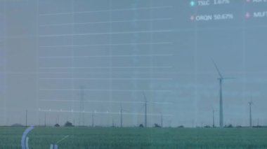Animation of graphs and trading board over rotating windmills on green field against clear sky. Digital composite, multiple exposure, report, stock market, business, green energy and technology.