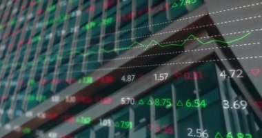 Animation of financial data processing over modern office building. Global business, finance, computing and data processing concept digitally generated video.