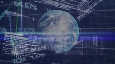 Animation of globe, binary coding data processing over house. Global business, finance, computing and data processing concept digitally generated video.