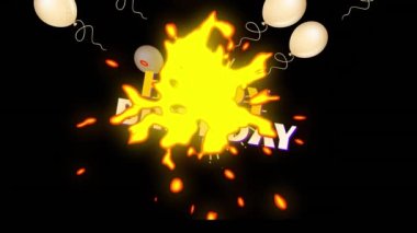 Animation of happy birthday text over fireworks and balloons on black background. Celebration and party concept digitally generated video.