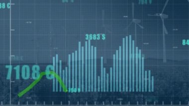 Animation of financial data processing over wind turbines. Global environment, sustainability, business, finance, computing and data processing concept digitally generated video.
