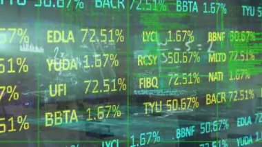 Animation of connected dots, trading board, computer language on empty room with computers in office. Digital composite, multiple exposure, stock market, coding, sums and technology concept.