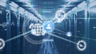 Animation of network of connections and data processing over server room. Global business and digital interface concept digitally generated video.