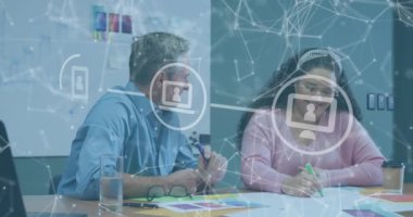 Animation of network of connections over diverse business people discussing work at office. Global business, finances and digital interface concept digitally generated video.