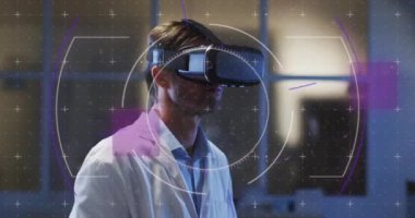 Animation of data processing over man using vr headset. Global online security, business, finance, computing and data processing concept digitally generated video.