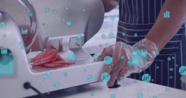 Animation of business icons over biracial shop assistant cutting salami. Global business and digital interface concept digitally generated video.