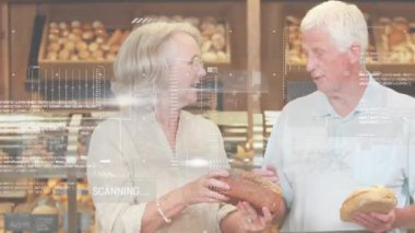 Animation of financial data processing over senior caucasian couple at store. Global lifestyle, finances and digital interface concept digitally generated video.