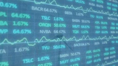 Animation of graphs and trading board over low angle view of rotating windmill. Digital composite, multiple exposure, abstract, stock market, business, green energy and technology concept.