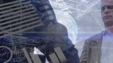 Animation of globe, infographic interface on low angle view of diverse entrepreneurs shaking hands. Digital composite, multiple exposure, globalization, report, business, progress and abstract.