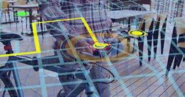 Animation of city map over biracial man walking with bike. Global travel, transport and lifestyle concept digitally generated video.