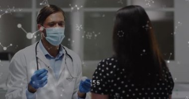 Animation of molecules over diverse doctor and patient vaccinating. Global medicine, healthcare and digital interface concept digitally generated video.