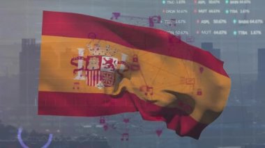 Animation of financial data processing over flag of spain and cityscape. Global business, finance, computing and data processing concept digitally generated video.