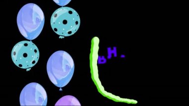 Animation of happy birthday text over blue balloons on black background. Celebration and party concept digitally generated video.