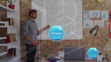 Animation of mathematical equations and texts over caucasian male teacher. Global education, science and digital interface concept digitally generated video.