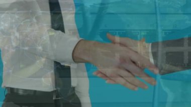 Animation of dots on globe, back panel of router, midsection of caucasian businessman shaking hands. Digital composite, multiple exposure, globalization, teamwork and technology concept.