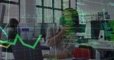 Animation of graphs, computer language over asian woman removing mask and smiling in office. Digital composite, multiple exposure, report, finance, coding, protection and technology concept.