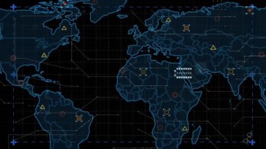 Animation of data processing over world map. Global business, finance, computing and data processing concept digitally generated video.