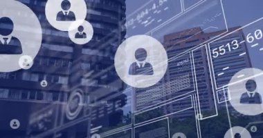 Animation of data processing with icons over cityscape. Global online security, business, finance, computing and data processing concept digitally generated video.