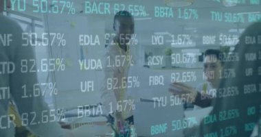 Animation of trading board over multiracial coworkers sharing ideas in meeting at office. Digital composite, multiple exposure, stock market, business, teamwork, communication and abstract concept.