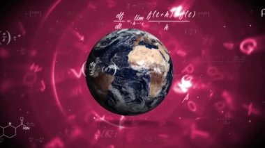 Animation of data processing over globe on pink background. Globe, galaxy and astronomy concept digitally generated video.
