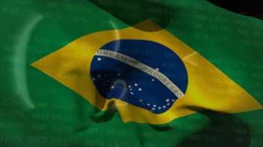 Animation of statistics and financial data processing over flag of brazil. Global business, finances, computing and data processing concept digitally generated video.