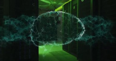 Animation of dna strand and digital brain over server room. Global technology, online security and digital interface concept digitally generated video.