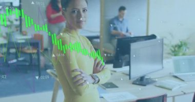 Animation of financial data processing over biracial businesswoman working at office. Global business, finances and digital interface concept digitally generated video.