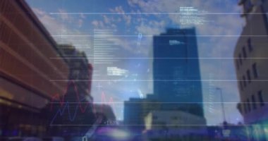 Animation of graphs, binary codes, computer language, low angle view of buildings against sky. Digital composite, multiple exposure, report, business, coding, city, architecture and technology.