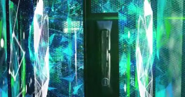 Animation of moving shapes over server room. Global business and digital interface concept digitally generated video.