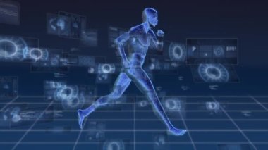 Animation of data processing over human body running. Global sports, fitness, computing and data processing concept digitally generated video.