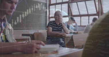 Animation of financial data processing and globe over diverse schoolchildren in class. Global education, computing and data processing concept digitally generated video.