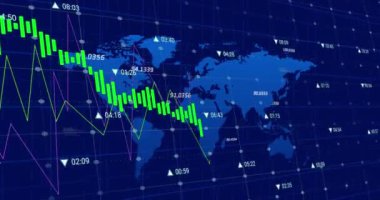 Finansal veri işleme animasyonu dünya haritasında siyah arka planda. Küresel iş, finans ve dijital arayüz kavramı dijital olarak oluşturulmuş video.