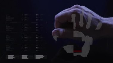 Animation of data processing and biometric hand reading. Global online identity, security, business, finance, computing and data processing concept digitally generated video.