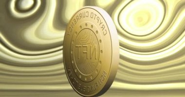 Animation of coin with nft text over moving golden background. Abstract background and pattern concept digitally generated video.