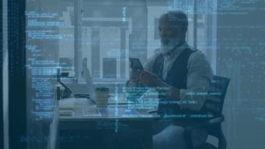 Animation of financial data processing over african american businessman using smartphone. Global business, finance, computing and data processing concept digitally generated video.