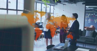 Animation of businessman handshake over cityscape. Global business digital interface technology and networking concept digitally generated video.