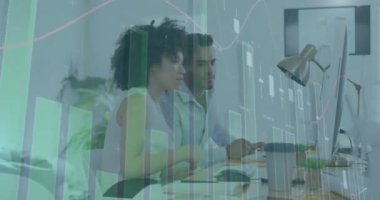 Animation of graphs and changing numbers over diverse coworkers discussing reports on computer.