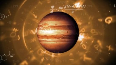 Animation of data processing over globe on orange background. Globe, galaxy and astronomy concept digitally generated video.