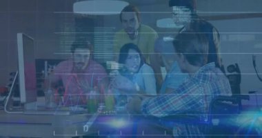 Animation of statistics and financial data processing over diverse business people. Global business, finance, computing and data processing concept digitally generated video.