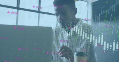 Animation of financial data processing over african american businessman in office. Global business, finance, computing and data processing concept digitally generated video.