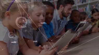 Animation of connected dots, graphs over diverse student and male teacher using digital tablet. Digital composite, multiple exposure, communication, report, childhood, education, technology.