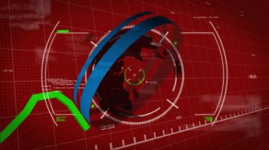 Animation of circles, circular patterns around globe, graphs, computer language over red background. Digitally generated, hologram, report, globalization, coding, machine learning and technology.