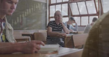 Animation of financial data processing and globe over diverse schoolchildren in class. Global education, computing and data processing concept digitally generated video.