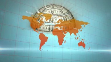 Animation of globe formed with american dollar bills and financial data processing. Global business, finance, computing and data processing concept digitally generated video.